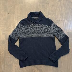 Banana Republic Sweater Men Medium Navy Fair Isle Shawl Collar Wool Blend Knit